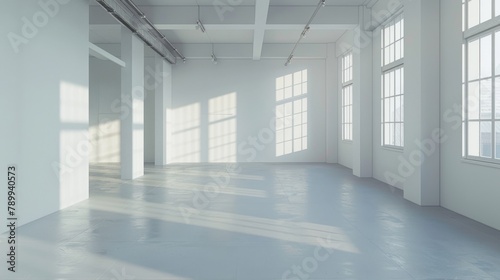 A large, empty room with white walls and a grey floor. The room is very bright and open, with large windows letting in plenty of natural light. The space feels clean and uncluttered