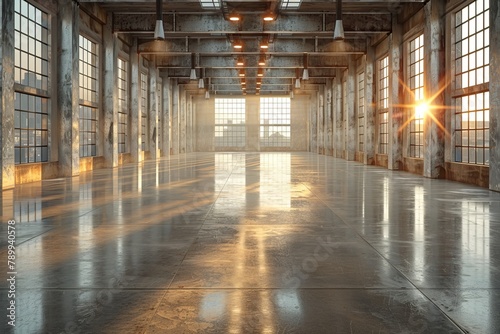 A vast industrial empty space with sleek concrete floors illuminated by the warm glow of sunset rays photo