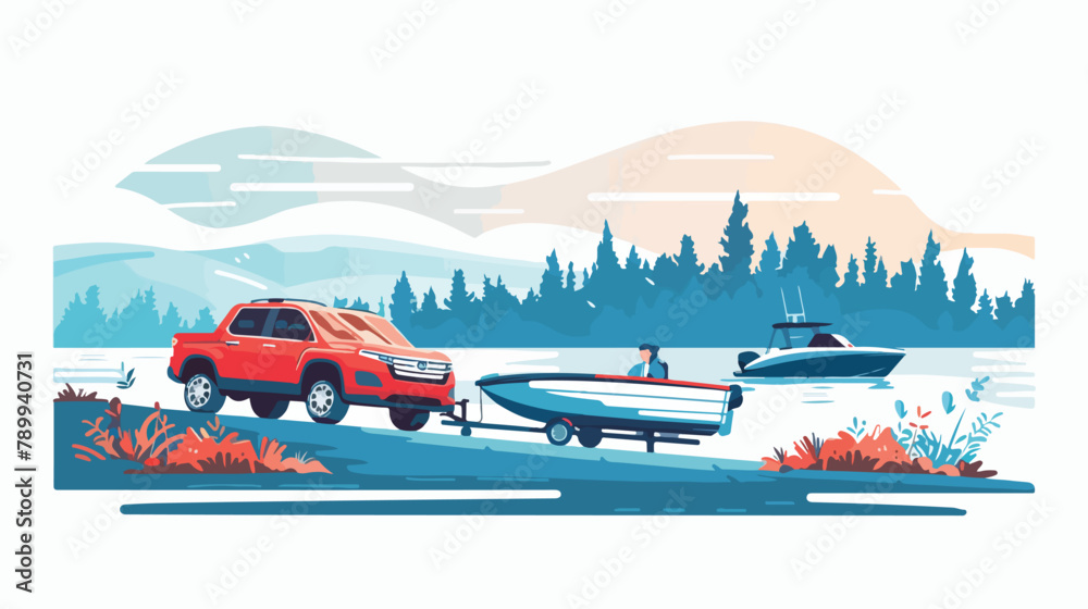 SUV car with a driver tows a trailer with a boat on a