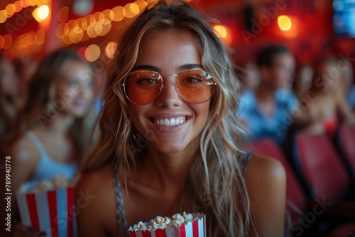 A smiling woman donning clear framed glasses holds a box of popcorn at a cinema alongside friends