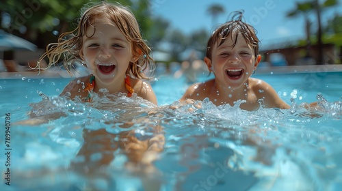 A boy and a girl splashing in water with happy faces