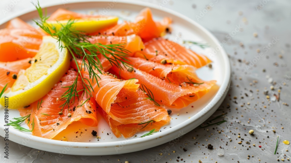 A white plate holds sliced salmon and lemon wedges, accompanied by a slice of lemon and a dill sprig A white plate holds sliced salmon and lemon wedges, accompanied by a slice of lemon and a dill sprig