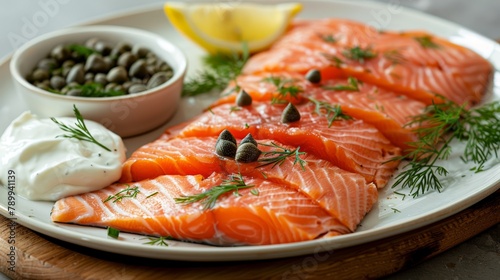  A white plate holds salmon, while nearby are bowls of yogurt and green olives