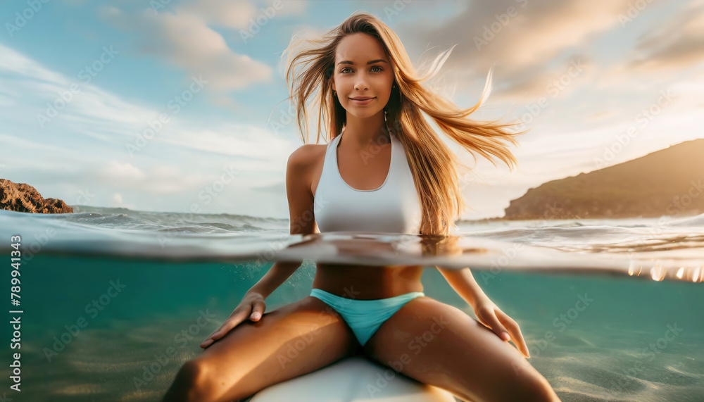 A woman on a surfboard in calm ocean water. The horizon stretches behind her, hair flowing in the sea breeze, embodying the essence of serenity.