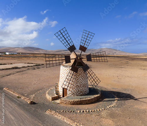 Beautiful aerial image of a historic traditional Canarian windmill in Fuerteventura  Canary Islands Spain