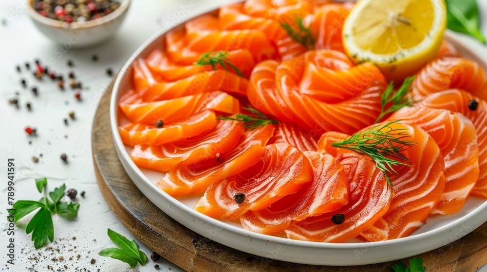 Close-up of a plate with fish, lemon, and spices nearby Close-up of a plate with fish, lemon, and spices nearby