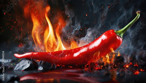 A red chili pepper engulfs in fierce flames, the embodiment of spice and fire. The dark backdrop accentuates the bright blaze, as embers scatter around, a visual representation of heat and taste. photo