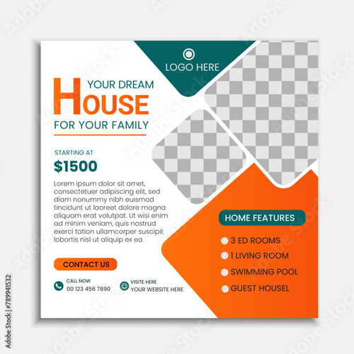 creative real estate agency social media post template design with four image placement, awesome color used in the shapes. eye-catchy, editable, professional design. 
Real estate home sale social medi
