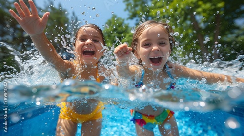 Two girls splash happily in a pool, enjoying outdoor water fun