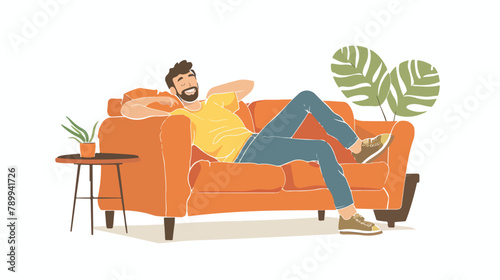 Happy man sitting on comfortable couch at home in liv photo