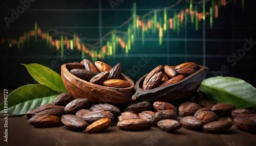 Cocoa beans lie near a chart, symbolizing commodity markets. The beans placed before the fluctuating stock market graph depict the agricultural product's economic significance. photo