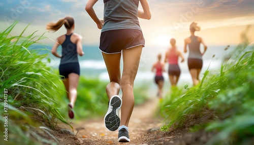 Joggers Trail Along a Lush Path at Sunrise. Fitness enthusiasts run in nature, dawn's light casting dynamic shadows.