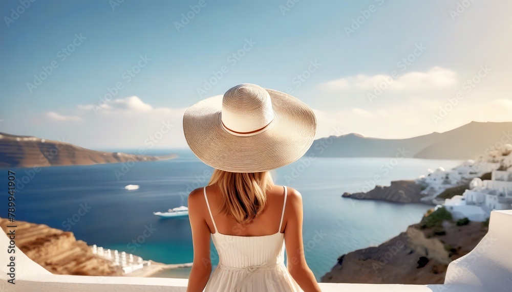 Elegant woman enjoying a stunning seascape. The traveler gazes over the serene waters from a high vantage point.