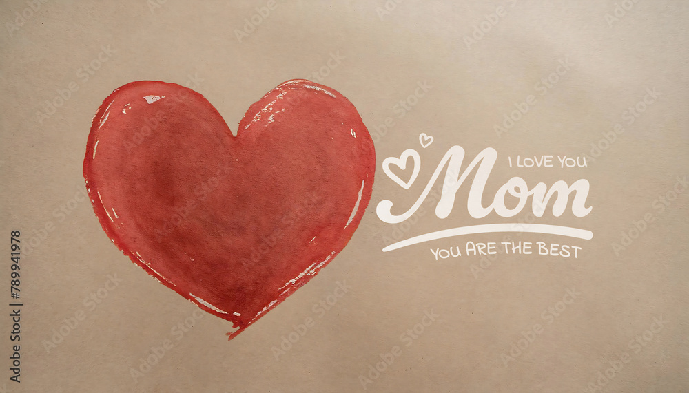 Hand-drawn heart with red watercolor on brown textured paper with ‘I Love You Mom’ text.