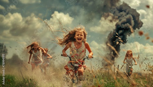 Children flee on foot and bike through grass as towering explosions loom behind them. Black smoke clouds the background, depicting the aftermath of chaos and danger photo