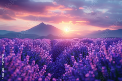 A serene image of a blooming lavender field with a warm sunset backdrop highlighting the beauty of nature and calmness