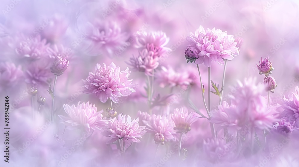 Naklejka premium A field of pink blooms with a hazy, pastel sky behind