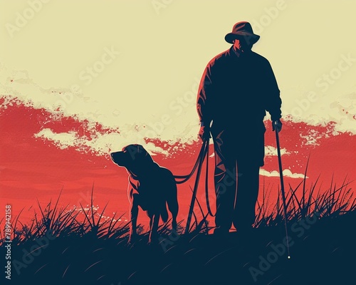 Empowering scene on a wallpaper featuring a guide dog helping a blind man navigate with a long cane, highlighting independence and companionship photo