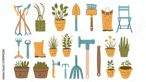 Set of various gardening items. Garden tools. Potted © Tech
