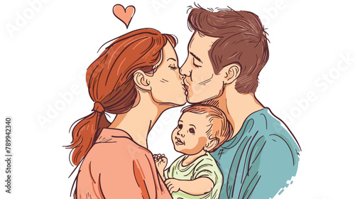 Happy mother and father kissing his little son. Hand