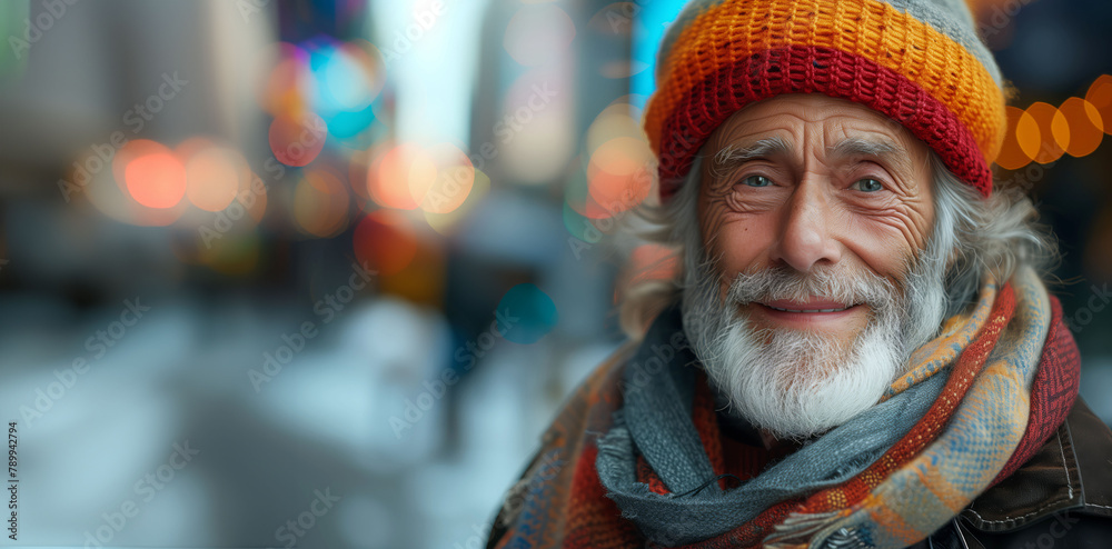 Unseen by many, a homeless man's optimistic gaze challenges the indifference of bustling city life, copy space