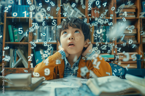 A child is immersed in wonder as numbers float around him in a whimsical dance, signifying the joy and curiosity of learning and the magic of mathematics. photo