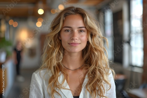 A fresh-faced young woman with natural wavy hair and a casual outfit stands in a modern workspace