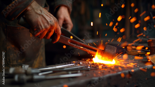 working with a hammer and anvil, creating sparks and heat in industry