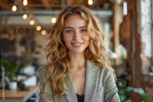 Radiant young woman with blonde curls and professional attire beams in a cozy office environment