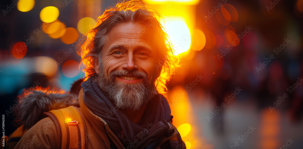 A smile amidst adversity, his life's belongings on his back, a homeless man marches on