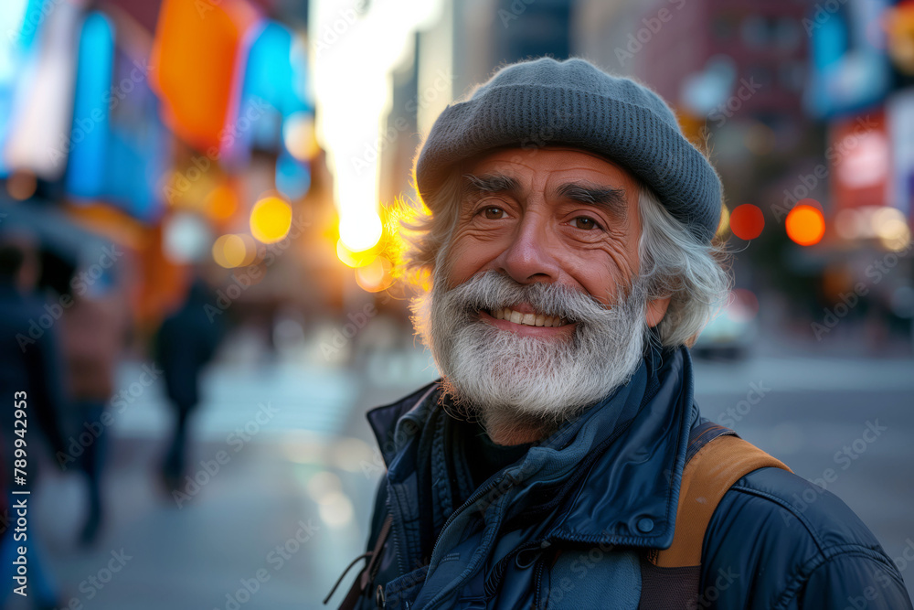 As traffic lights blink indifferently, a homeless man's grin is a silent protest against oblivion, space for text As traffic lights blink indifferently, a homeless man's grin is a silent protest against oblivion, space for text