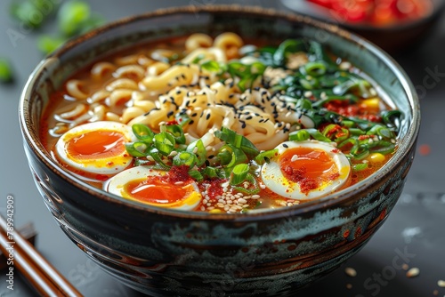 Close-up of a delicious Asian ramen bowl with soft-boiled eggs, noodles, green onions, and herbal garnish in a ceramic bowl