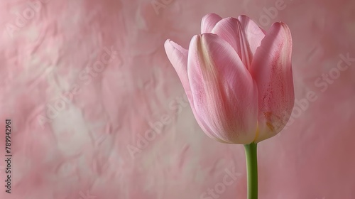  A solitary pink tulip in a vase against a pink backdrop, textured wall included in the background