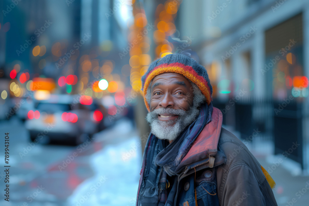His smile, a rare currency in the economy of the streets where he's invisibly homeless, copy space