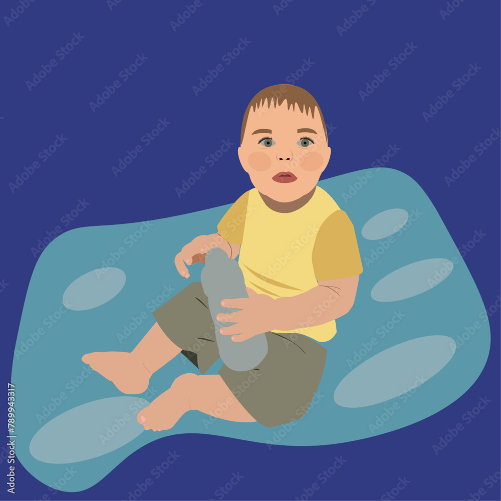 Little boy with a bottle on a blue background Little boy with a bottle on a blue background