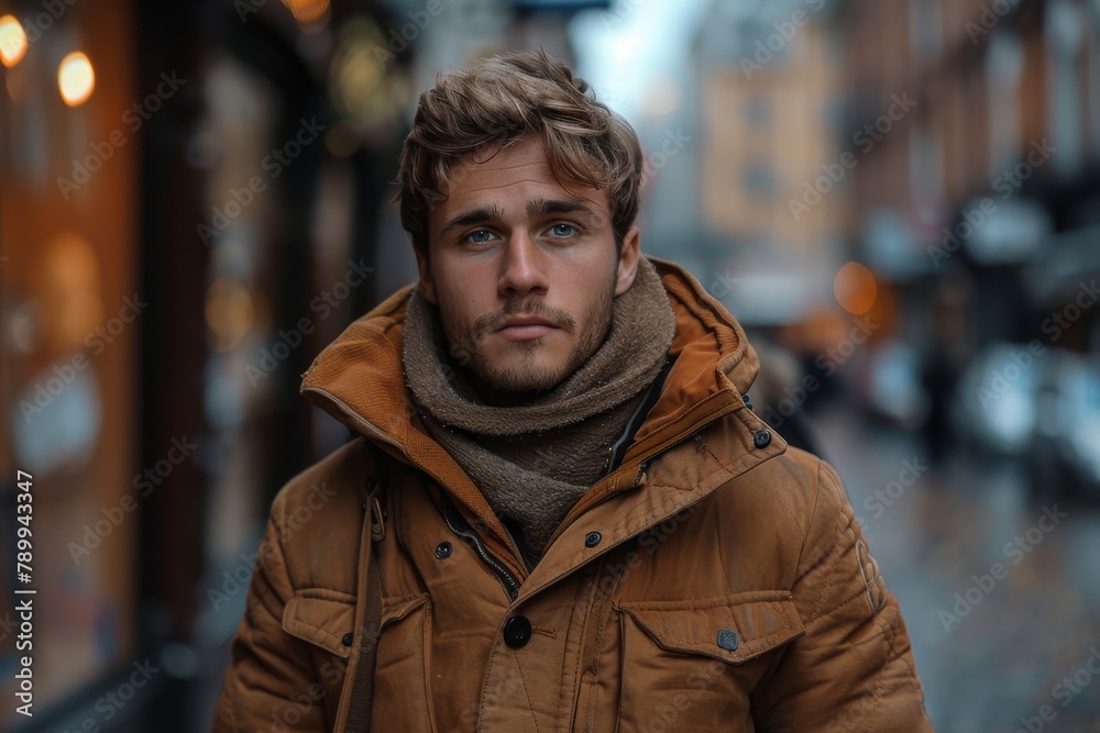 A man with an intense gaze and contemplative expression set against an urban backdrop A man with an intense gaze and contemplative expression set against an urban backdrop