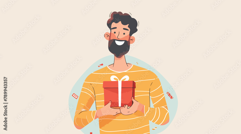 Happy smiling man holding gift box. Hand drawn style