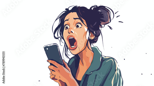 Shocked woman with phone. Hand drawn style vector 