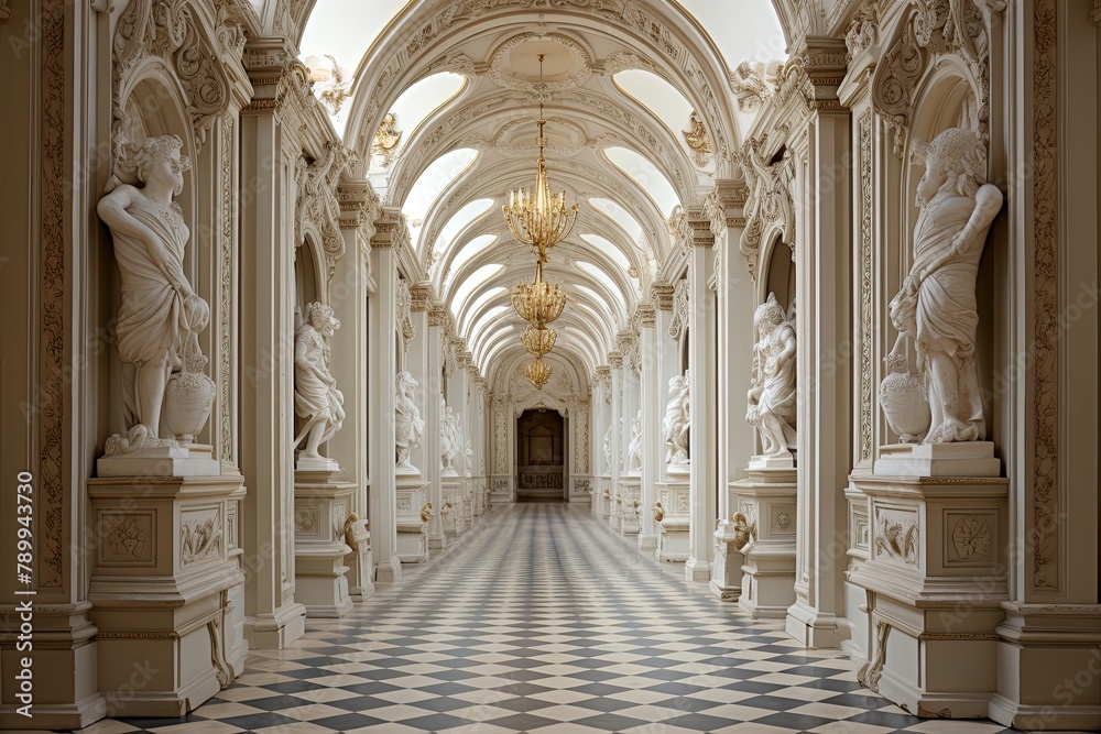 Classical Statues and Elaborate Moldings of the Baroque Palace Grand Hallway