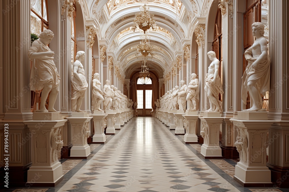 Baroque Palace Grand Hallway Design: Classical Statues & Elaborate Moldings Masterpiece