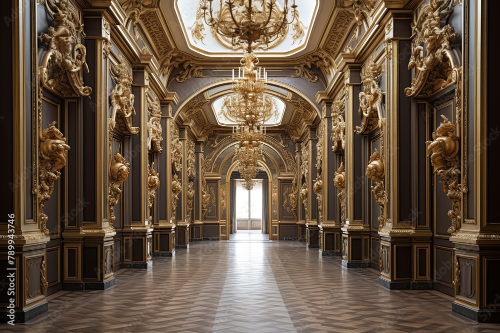 Baroque Palace Masterpiece: Coffer Ceilings and Gold-Framed Portraits in Grand Hallway Designs