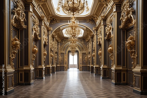 Baroque Palace Masterpiece: Coffer Ceilings and Gold-Framed Portraits in Grand Hallway Designs