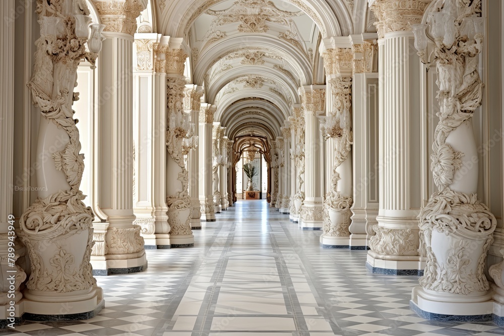 Majestic Baroque Palace Grand Hallway: Marble Floors and Ornate Columns Splendor