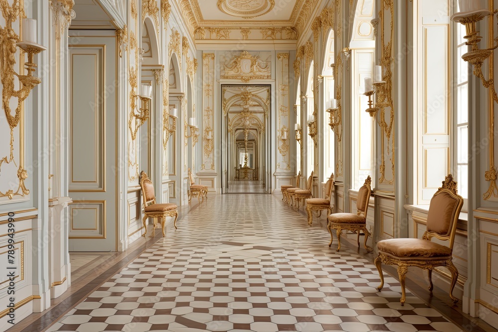 Baroque Palace Grand Hallway Designs: Tapestried Chairs & Baroque-Patterned Floors