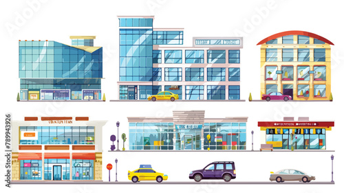 Shopping mall building. City life set with cars road