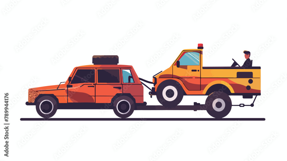 Tow truck with a driver carries a hatchback car. vector