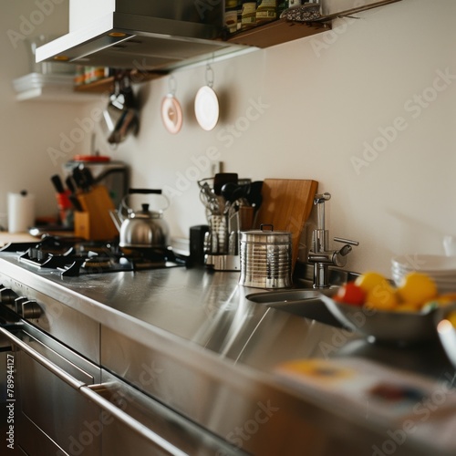 A kitchen counter with a lot of silverware and a teapot. The kitchen is clean and organized