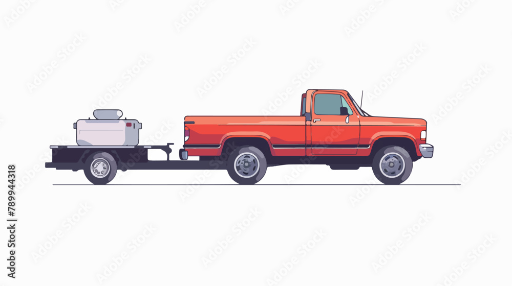 Towing pickup truck with trailer isolated. Vector fla