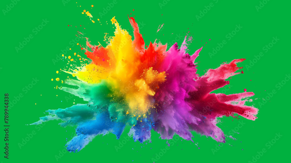 Dynamic explosion colored powder against green screen chromakey background. Abstract backdrop with paint cloud
