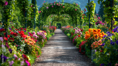 A beautiful garden pathway lined with blooming flowers of various colors and shapes, inviting visitors to take a leisurely stroll and enjoy the scenery